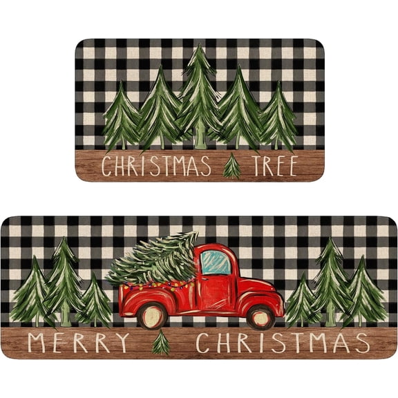 Christmas Kitchen Rugs Set of 2,Red Truck Christmas Tree Kitchen Mat for Floor,Winter Holiday Non-Slip Washable Kitchen Sink Mats Kitchen Decor Doormat Runner Rug
