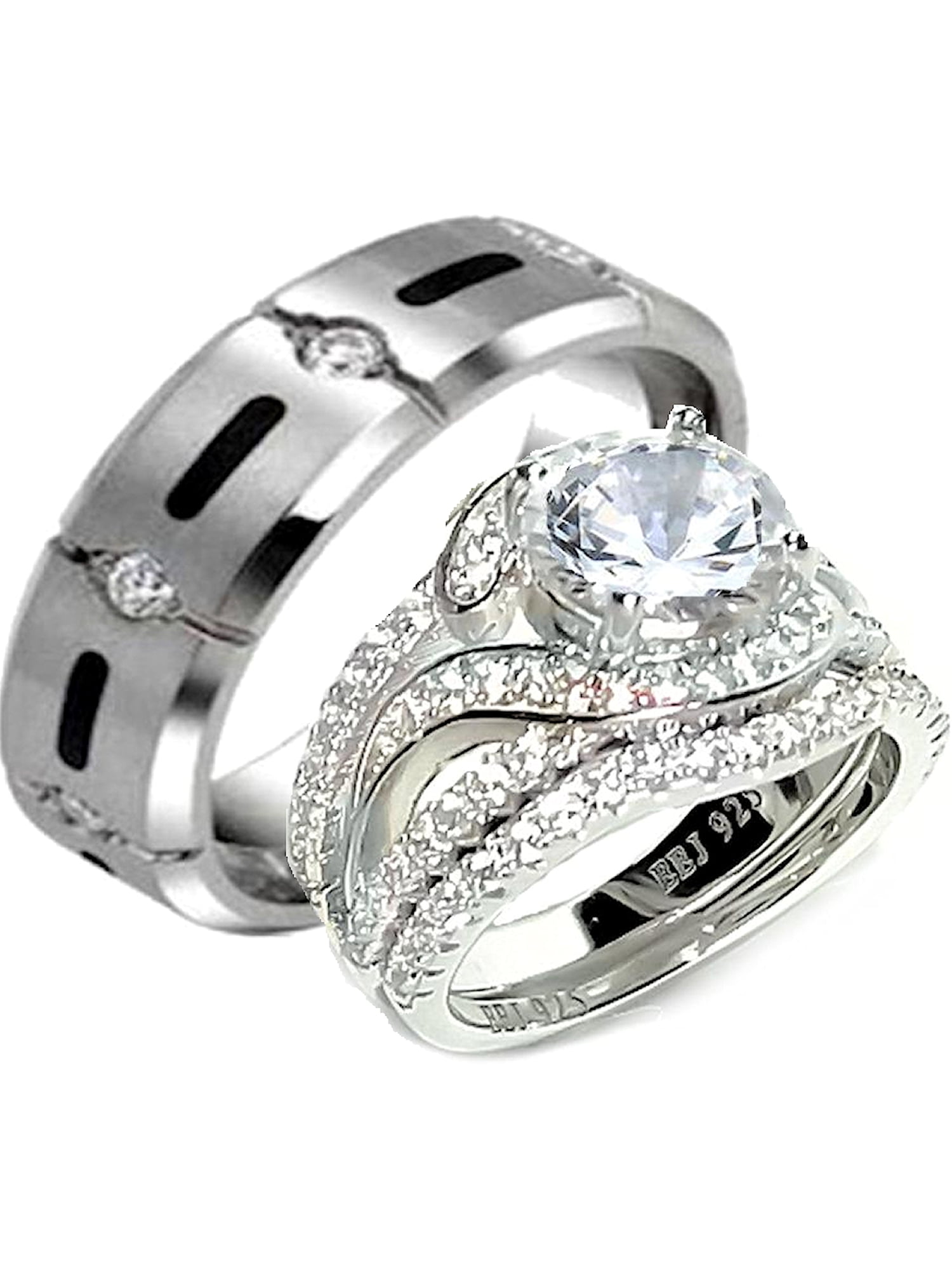 New His And Hers Titanium /925 Sterling Silver Wedding Engagement Ring Band Set 