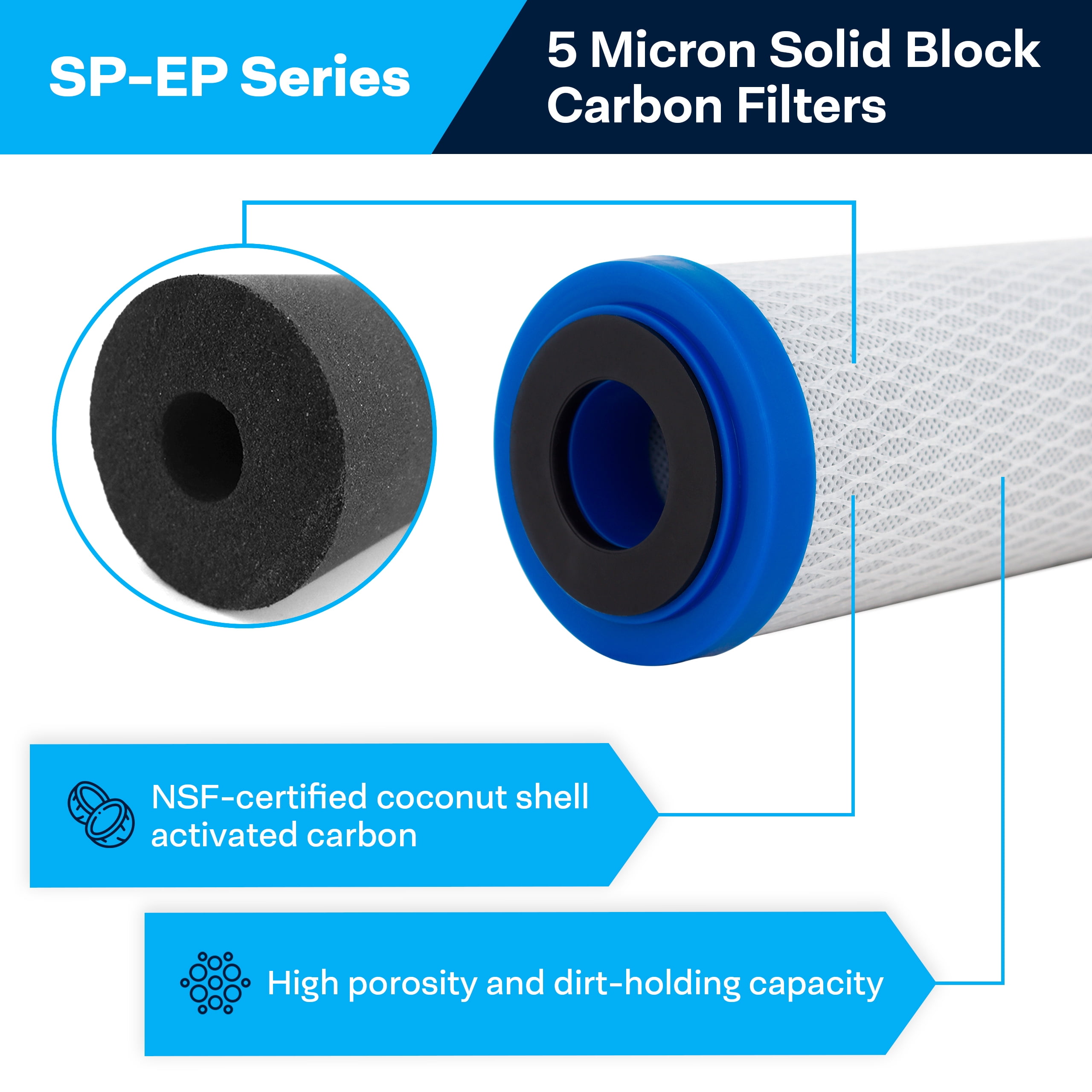 SpiroPure SP-EP-10 10x2.5 5 Micron NSF Certified Coconut Shell Carbon Block Water Filter Cartridge EP-10 155531-43 CB-25-1005 (Case of 12)
