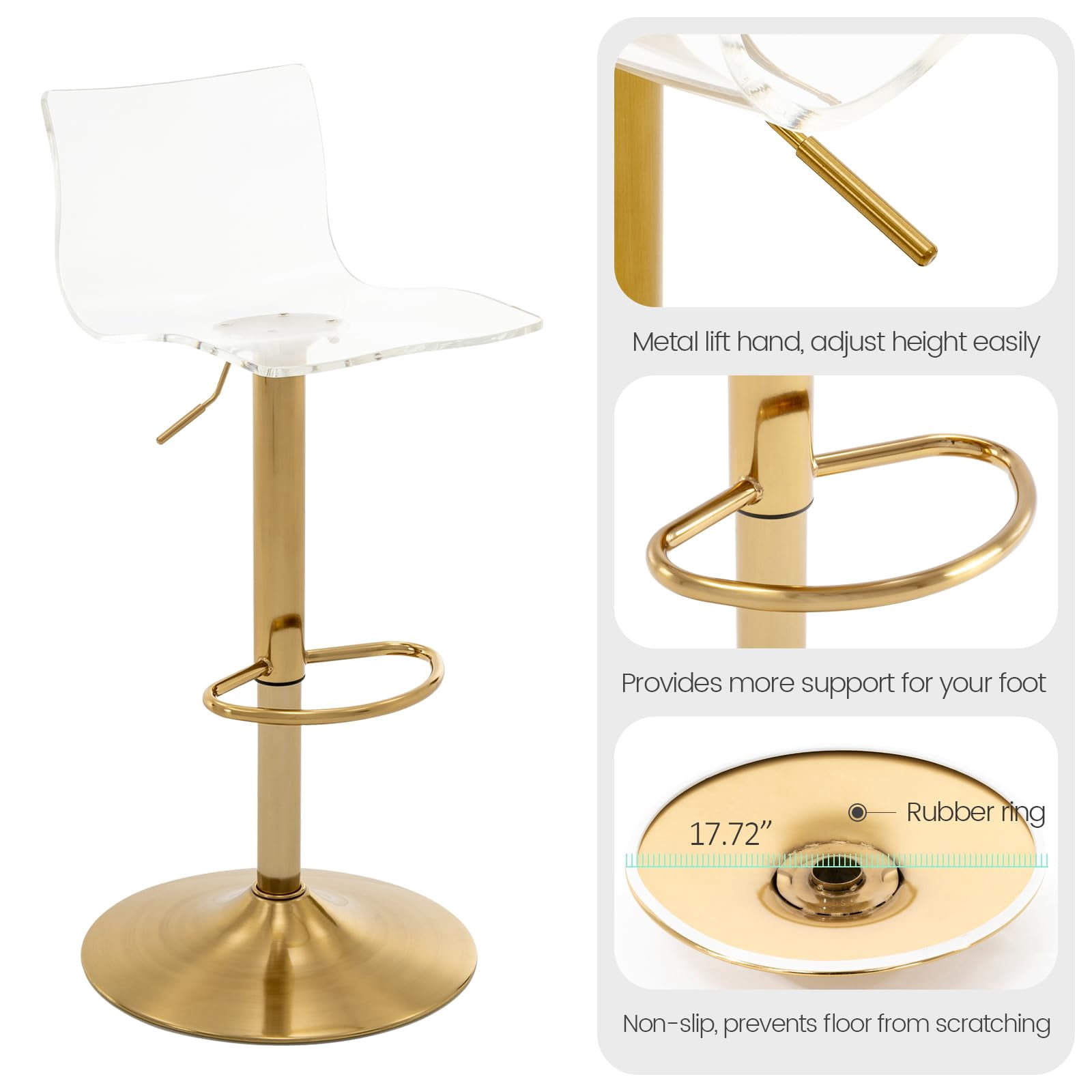 Bar Stools Set of 2, Adjustable Acrylic Swivel Airlift Barstools, Modern Counter Stools with Back and Footrest for Bar, Kitchen, Dining Room (Gold)