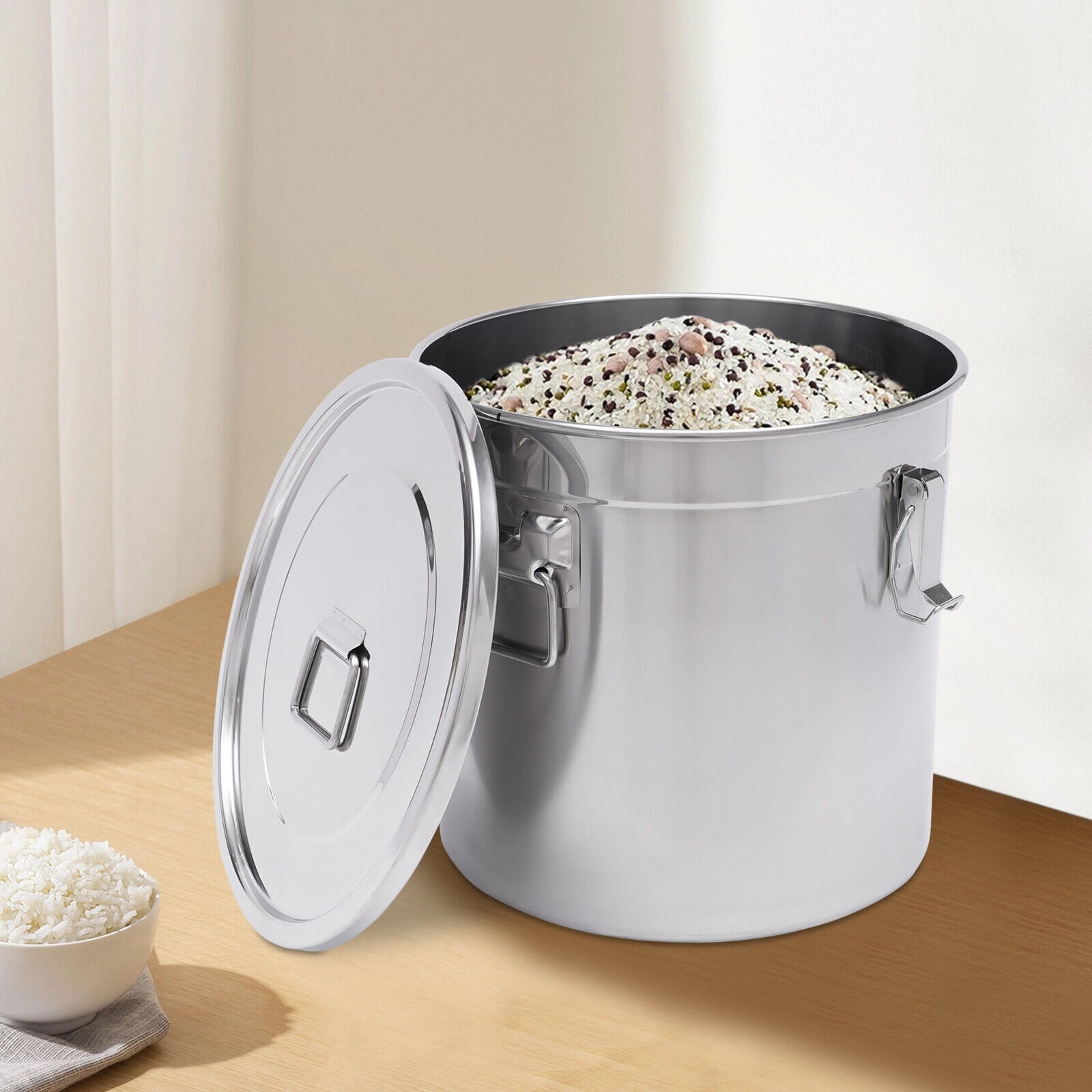 33L Stainless Steel Cylinder Airtight Canister Kitchen Storage Bucket Dry Food 7.26gal Container