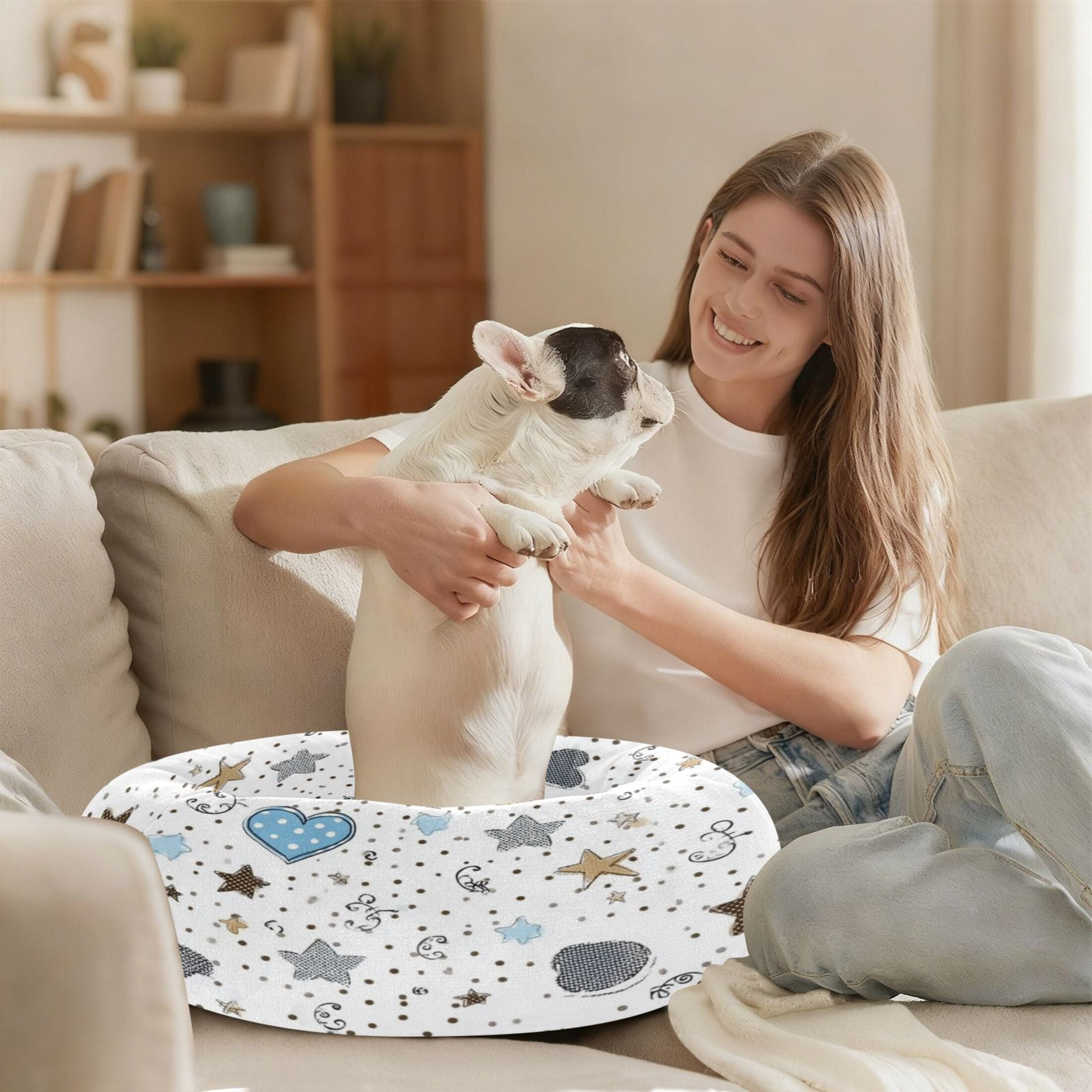 Iauyy Pet Couch Donut Cat Bed for Indoor Cats/Small Dogs Washable & Machine with Non-slip Bottom Calming Cat Furniture, The Grey Stars (S)