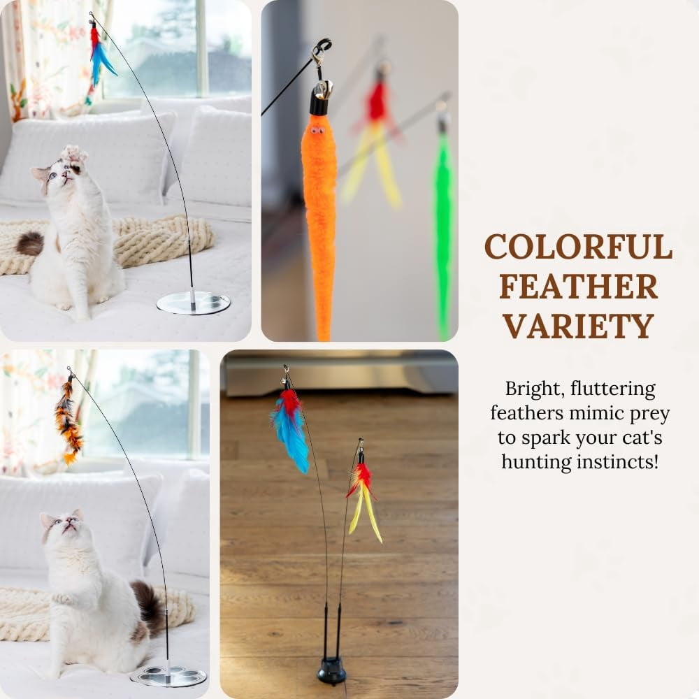 Cat Wand Toy for Indoor Cats - 43 Inch Retractable Fishing Pole Teaser - 9 Feather Attachments - Weighted Round Base - Suction Cup Mount - Bored Adult Feline Hunting Exercise - Kitten Juguetes Set