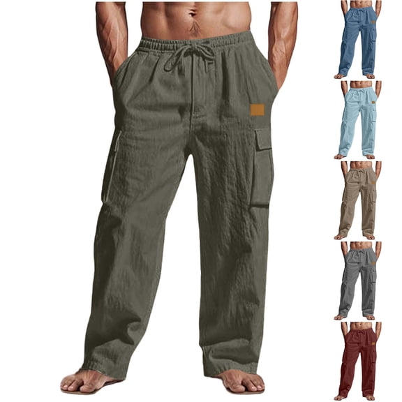 Vetsdori Cargo Pants for men Cotton Linen Outdoor Pockets Elastic Waist Pantalones Drawstring Gifts for Men Straight Leg Mens Trousers Stylish