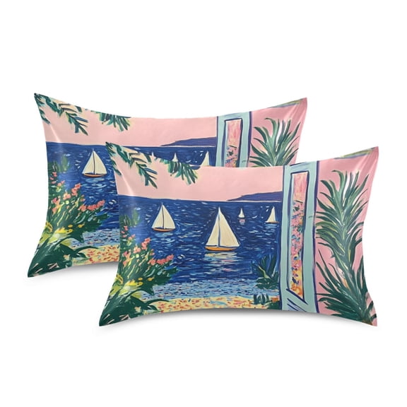 Yayeee Pillowcase Standard Size Set of 2 Satin Wrinkle Resistant Pillow Case, Colorful Seaside