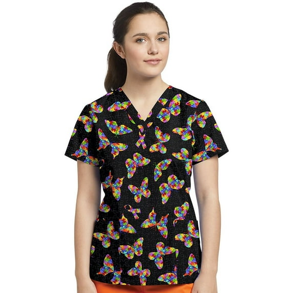 Allure by White Cross Women's V-Neck Butterfly Autism Awareness Print Scrub Top