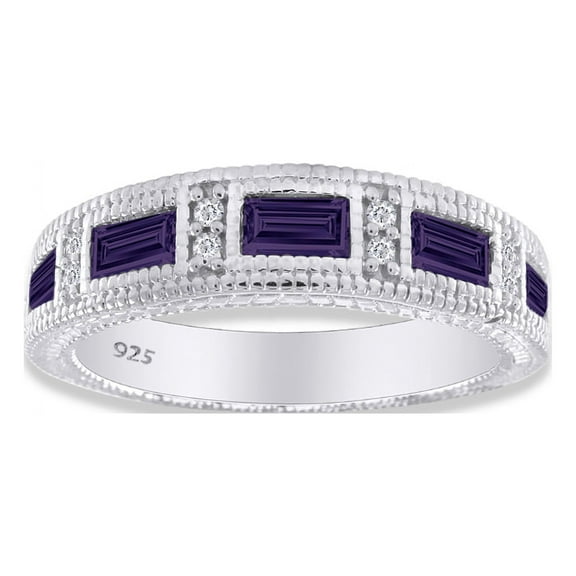 AFFY Emerald Shape Simulated Alexandrite Eternity Band Ring In 14K White Gold Over Sterling Silver Ring Size-13