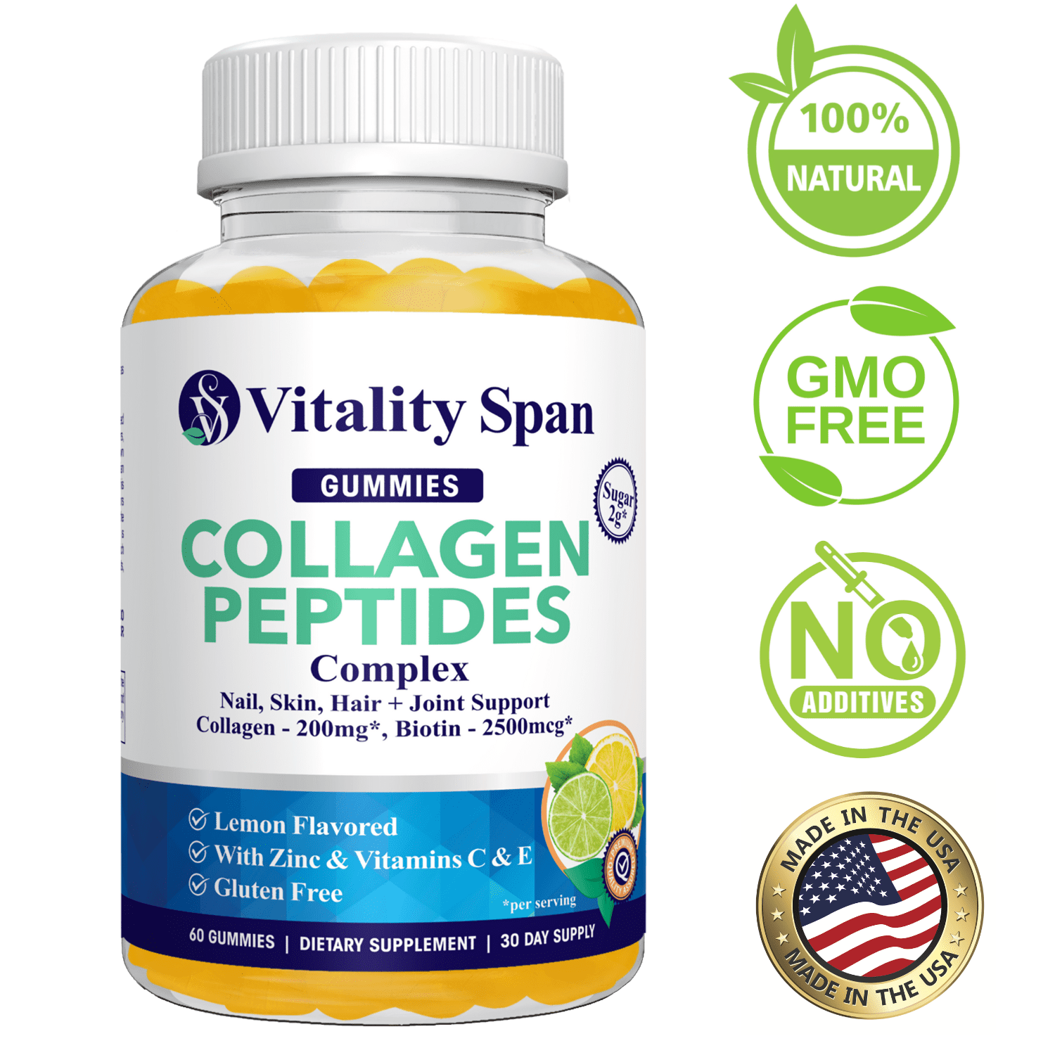 Collagen Gummies with Biotin 2500mcg for Skin Hair & Nails, Low Sugar, Made in USA