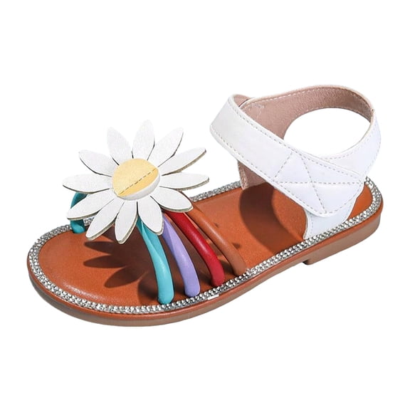 NIEWTR Girls Sandals Adjustable Ankle Strap Cute Daisy Flower Soft Flats Little Kid/Big Kid(White,12.5)
