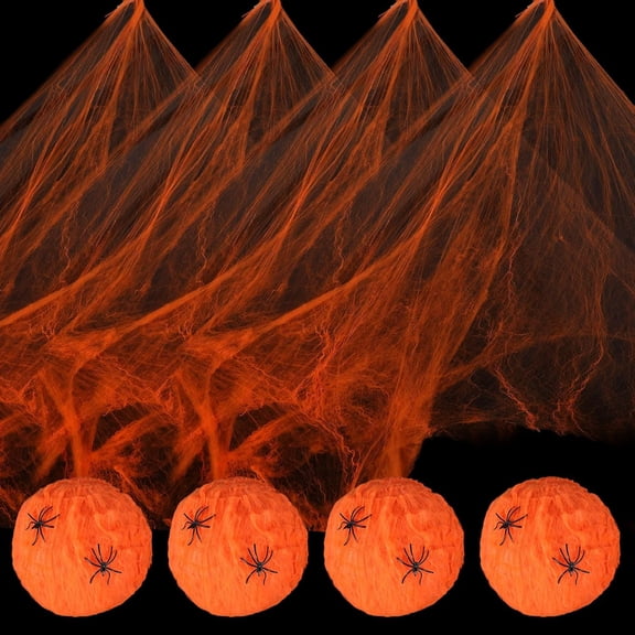 Halloween Spider Webs Halloween Indoor & Outdoor Decoraitons Spooky Spider Webbing with 20 Fake Spiders for Halloween Decorations, Orange,4PCS
