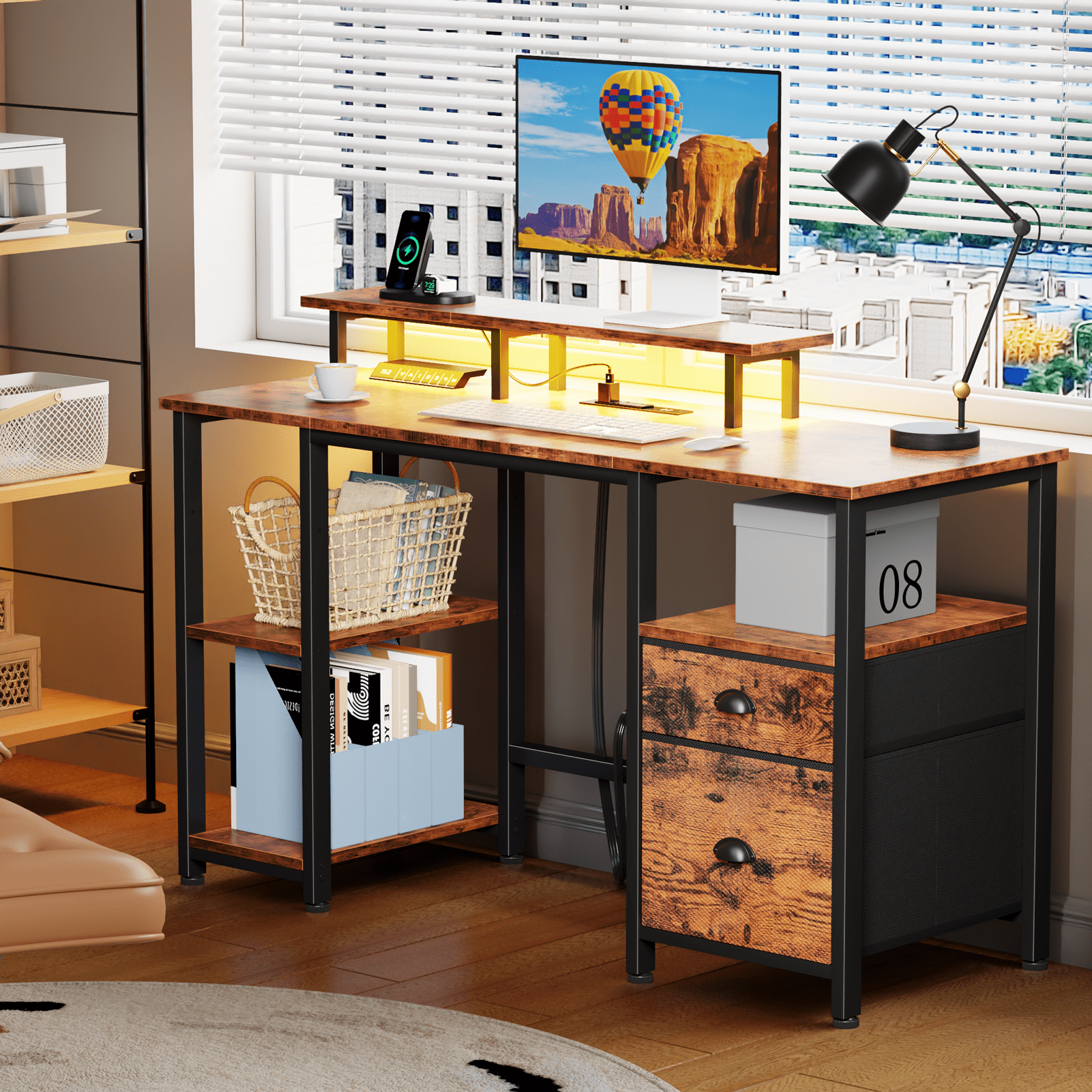 Satifur 51" Reversible 2-Tier Computer Desk with Power Outlet, LED Lights, File Cabinet & Storage Shelves,Rustic Brown