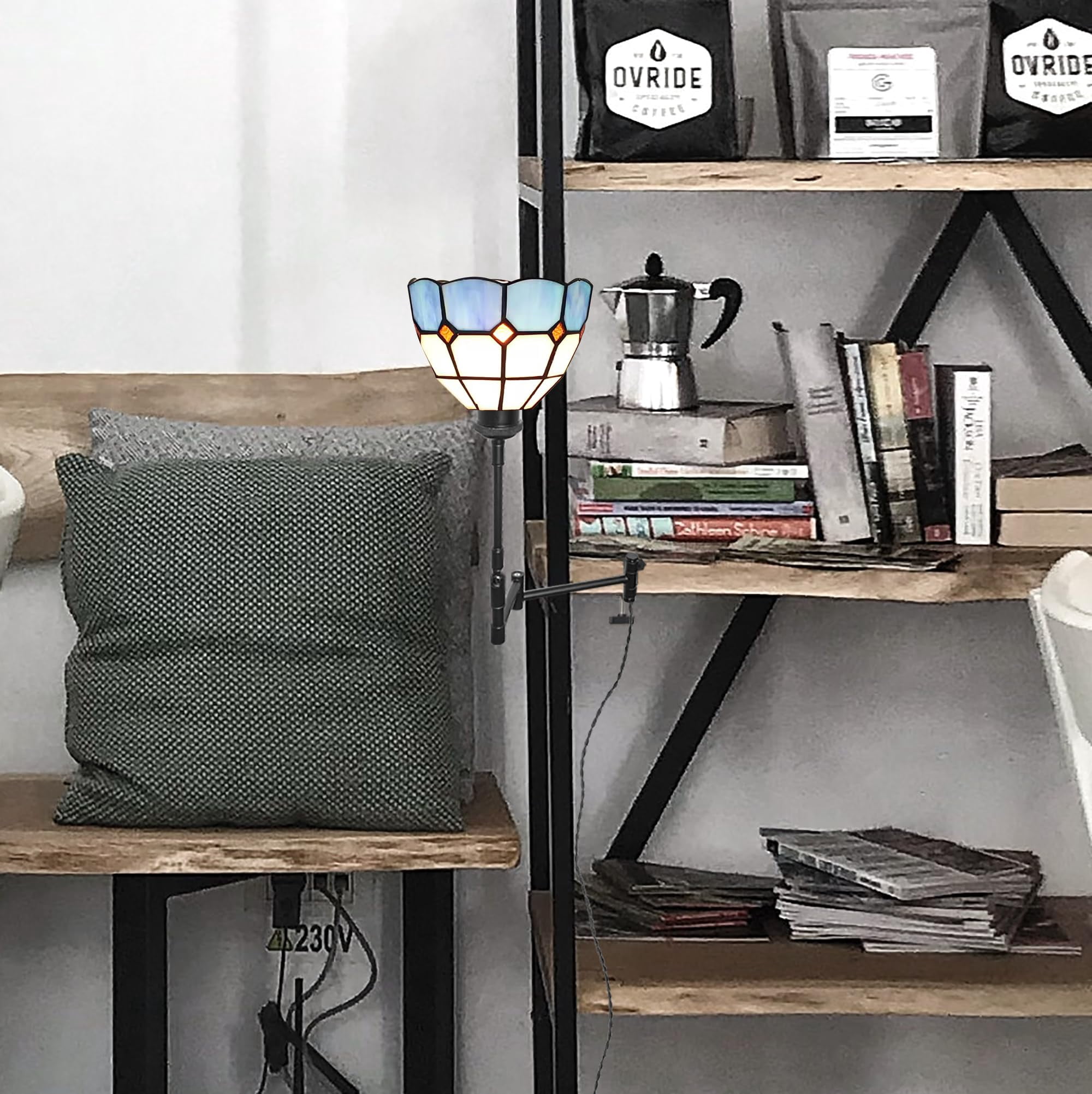 Kiven Plug-in Modern Clip-on Desk Lamp, 1-Light Blue Glass Nightstand Lamp with Flexible Arm, 8.2FT Plug in Cord, Decorative Clamp Lamp for Bookshelf Bedside Office Farmhouse Home Decor