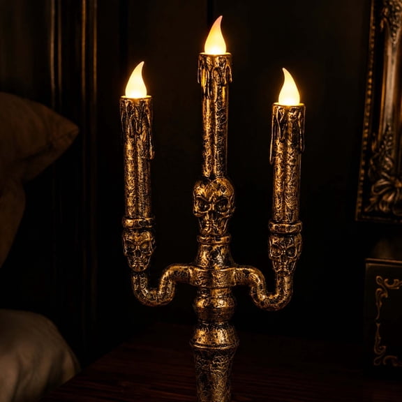 Halloween Candelabra LED Flameless Candles Holder | Battery Powered Flickering Lights Skull Candle for Halloween Decorations Indoor Home Table Mantel Party Haunted Mansion Decor