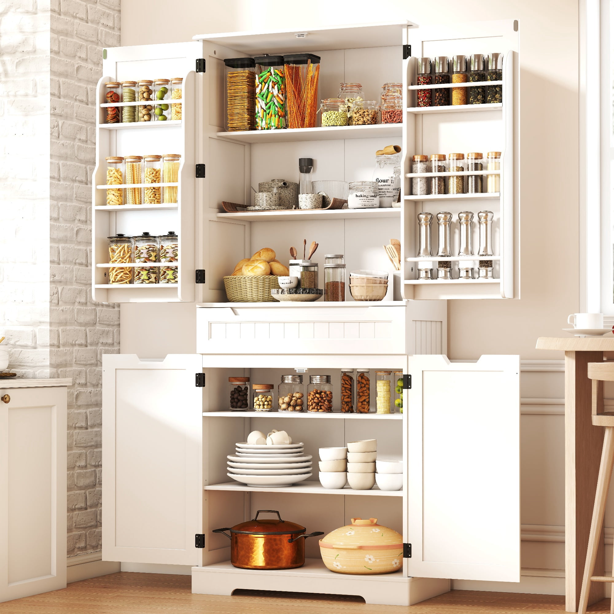 Pantry Cabinet Clearance, Lofka 71" Large Kitchen Storage Cabinet with Adjustable Shelves & Anti-Tip Design, 4 Doors, 12 Shelves, 1 Drawer, White