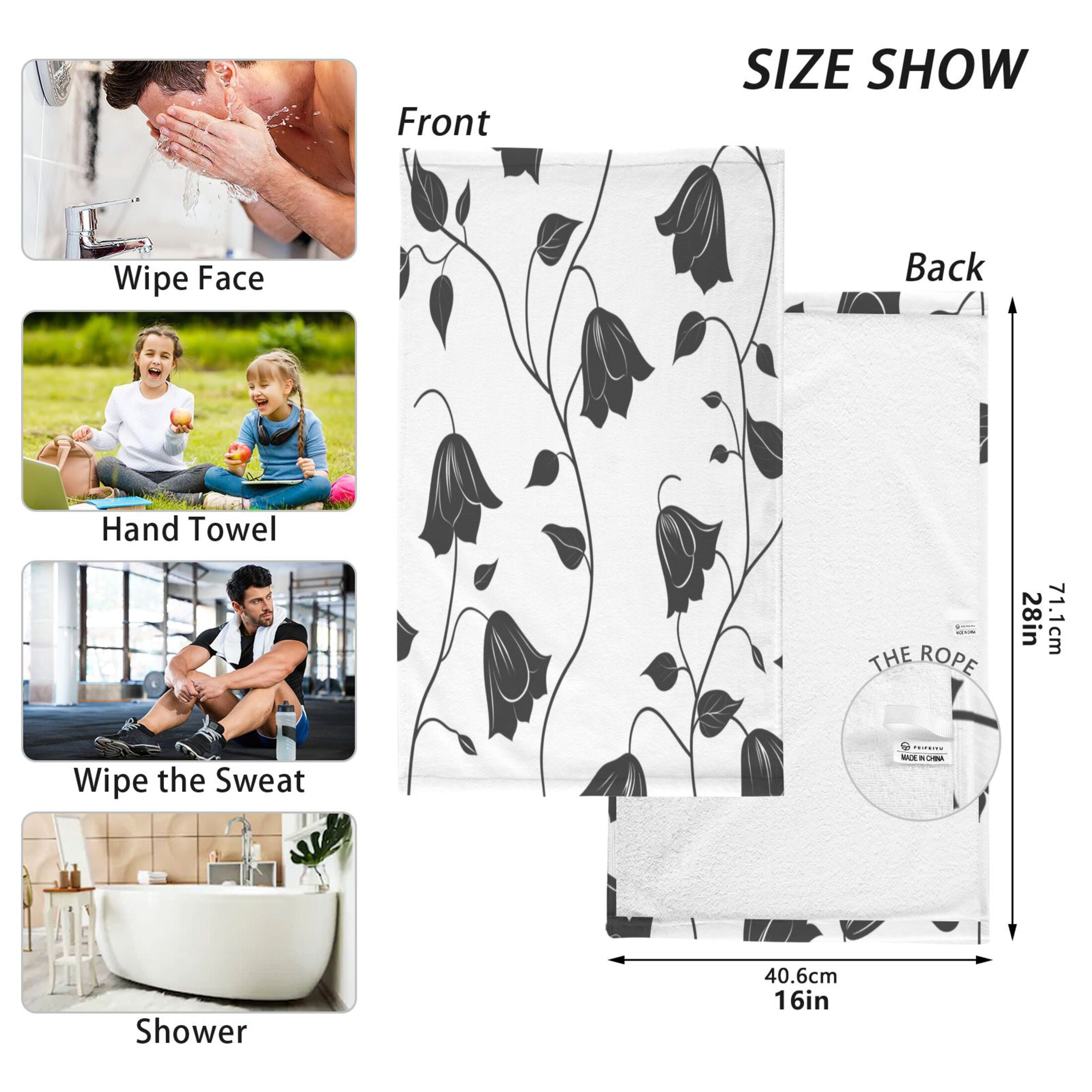 Cotton Towel Two-Piece 16x28 Inch One Sizex2 Face Towel Set Towel Set Cotton Hand Bath Towel Bathroom Beach Black Flower