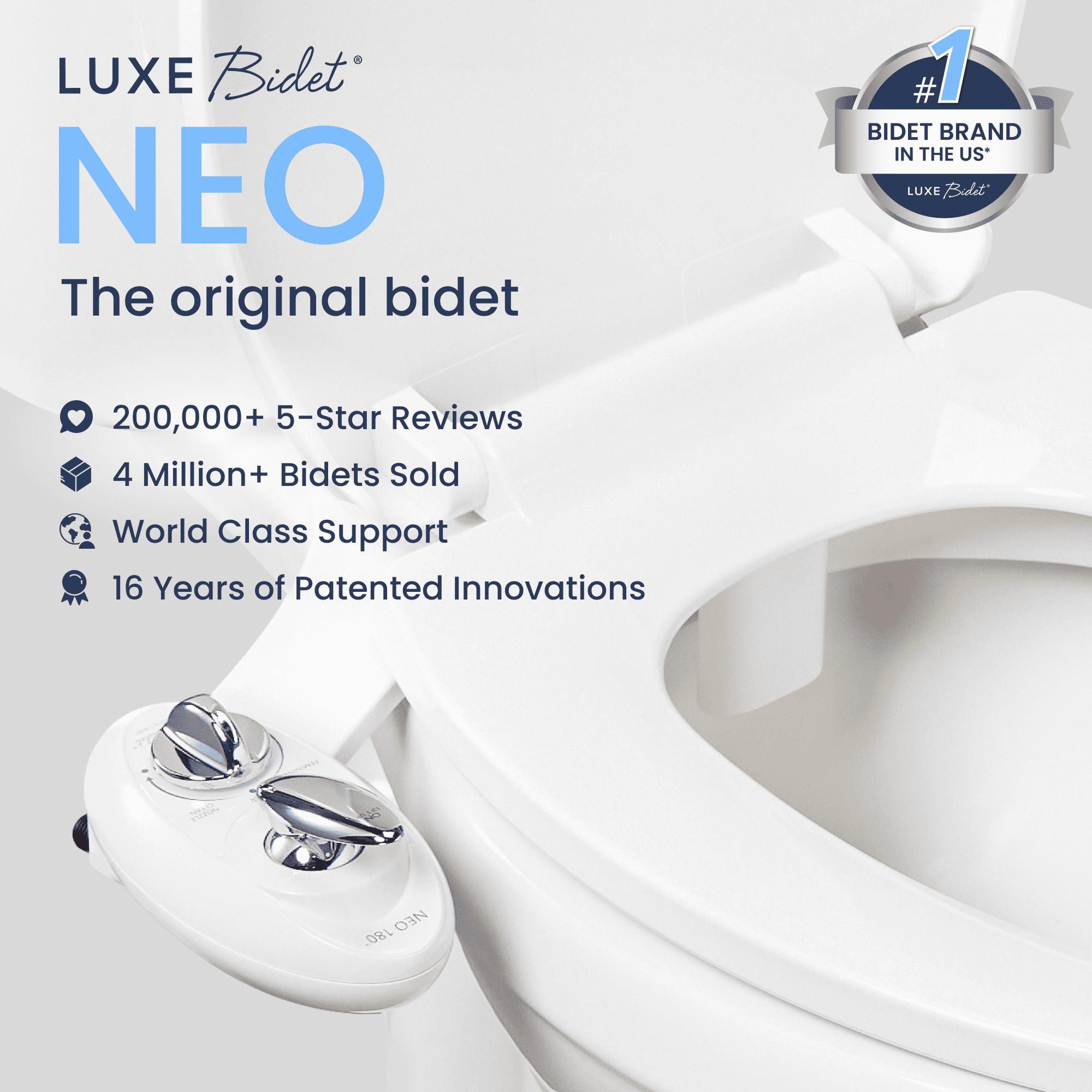 LUXE Bidet Neo 180 Luxury Fresh Water Dual-Nozzle Self-Cleaning Non-Electric Bidet Attachment, white