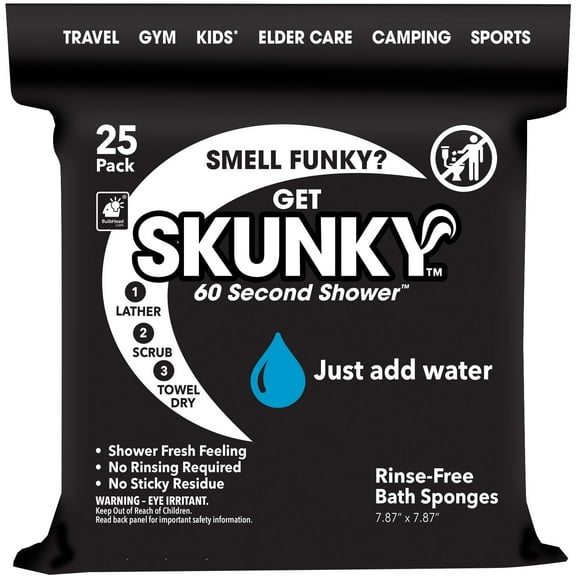 Skunky Disposable Rinse-Free Bathing Sponge Wipes, AS-SEEN-ON-TV, Cleans Without a Shower, Just Add Water, Lather, Scrub & Dry With No Sticky Residue, Gym, Elder Care, Kids & More