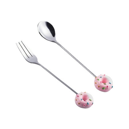 

2 Pcs Children Stainless Steel Cartoon Cutlery Donut Shaped Handle Spoon Long Handle Forks for Coffee Dessert (Pink)