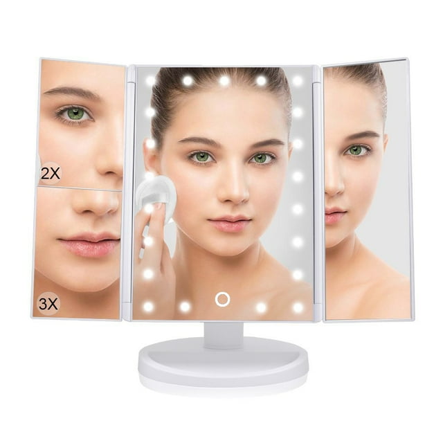 Lighted Makeup Mirror with 21 LED Lights, Make Up Vanity Mirror with 3X/2X/1X Magnification and Touch Screen, Cosmetic Trifold Table Eye Magnifying Makeup Mirror