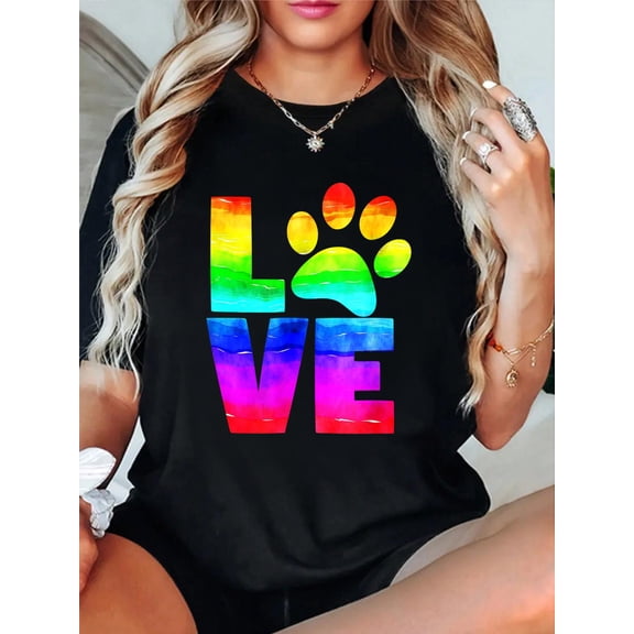 100% Cotton Love Dog Shirt Rainbow Paw Print Dog Dad Mom Diversity Tees Men Women T-Shirt Women's Graphic Tee Casual Tops
