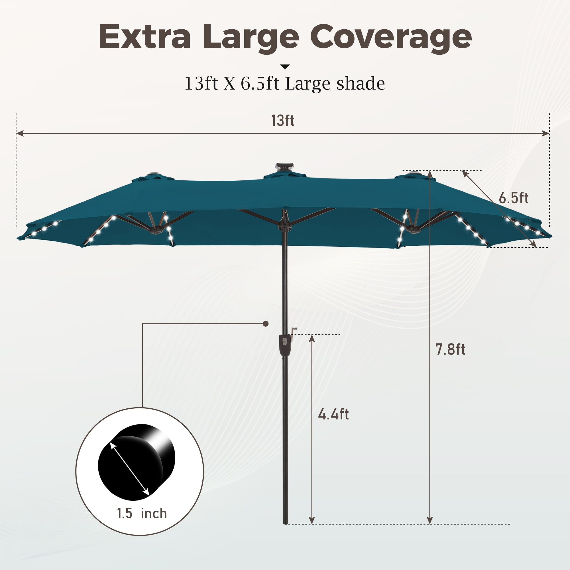 Alpha Joy 13ft Large Double-Sided Outdoor Patio Umbrella with Colorful Solar Lights, Cerulean