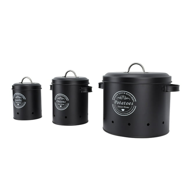 Food Jar Storage Canister Set, Set of 3 Potato Onion Storage Bin Sealed Canister with Easy Access, Carbon Steel Kitchen Canisters for Countertop with Lids