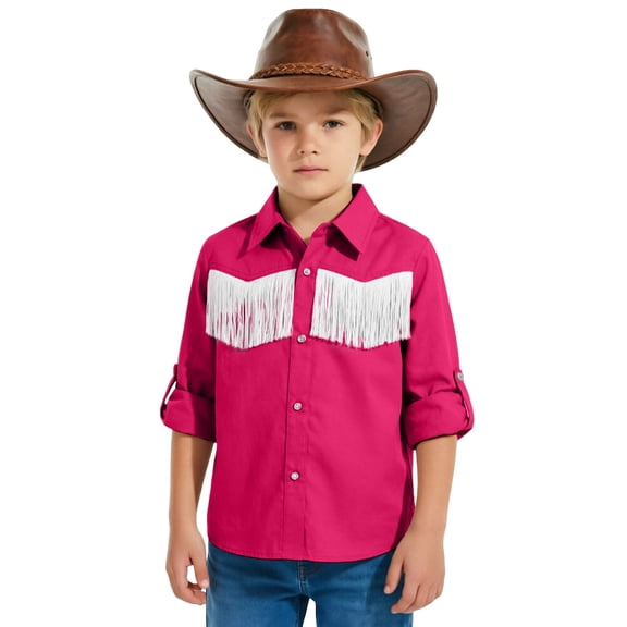 JIAYUE Child Boys Girls Western Cowboy Shirts Button Down Turndown Collar Long Sleeve Blouse Color Block Tassels Trendy Tops For Kids Age 5-14