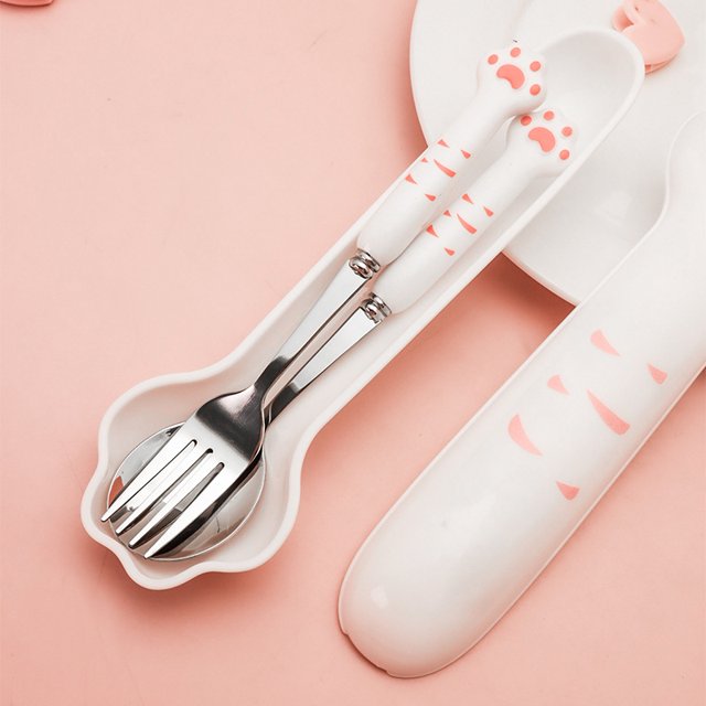 1set Stainless Steel Cat Claw Spoon and Fork Set with Storage Case - Portable Outdoor Tableware with Creative Plastic Handle - Perfect for Cats and Cat Lovers