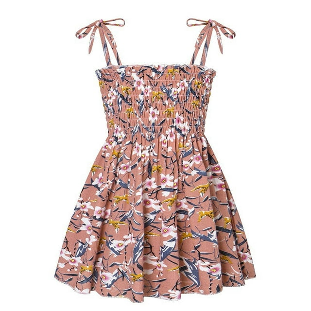 Robes pour Fillettes, Robe d'Été à Bretelles Spaghetti, Robe Évasée à Volants pour Filles, Robe Smockée à Fleurs, Robes Fantaisie pour Filles