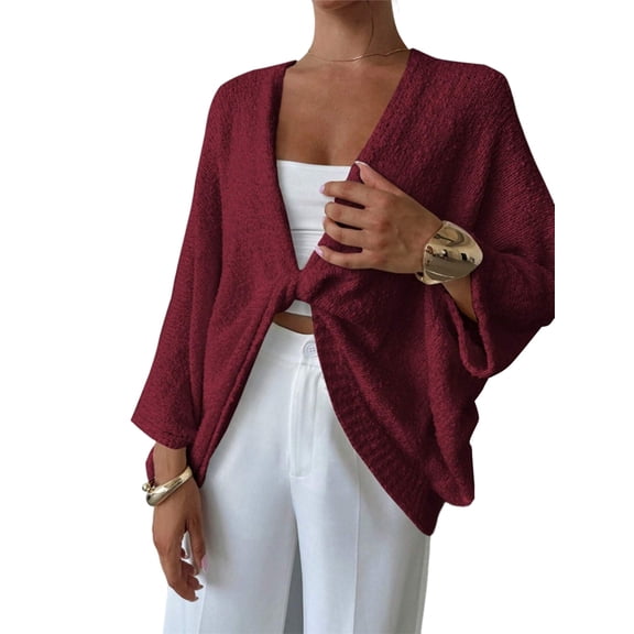 Women'S Twist Front Cropped Crochet Sweater Asymmetrical V Neck Oversized Bat Wing Pullover Knit Tops Wine Red S