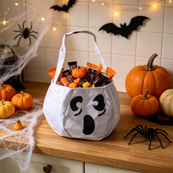Halloween Decoration Indoor Outdoor Clearance Under $5.00! Thanksgiving Fall Decorations for Home, Halloween Candy Bag Ghost Face Halloween Decorative Tote Bag