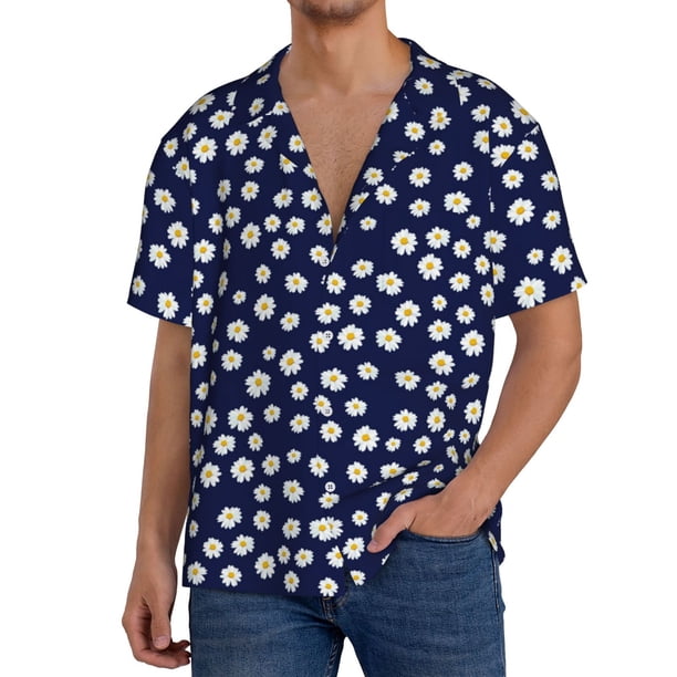 Balery Daisies Flowers Camisa Casual de Manga Corta con Botones para Hombre, Texturizada, Estilo Cubano, para Playa, Verano-Large