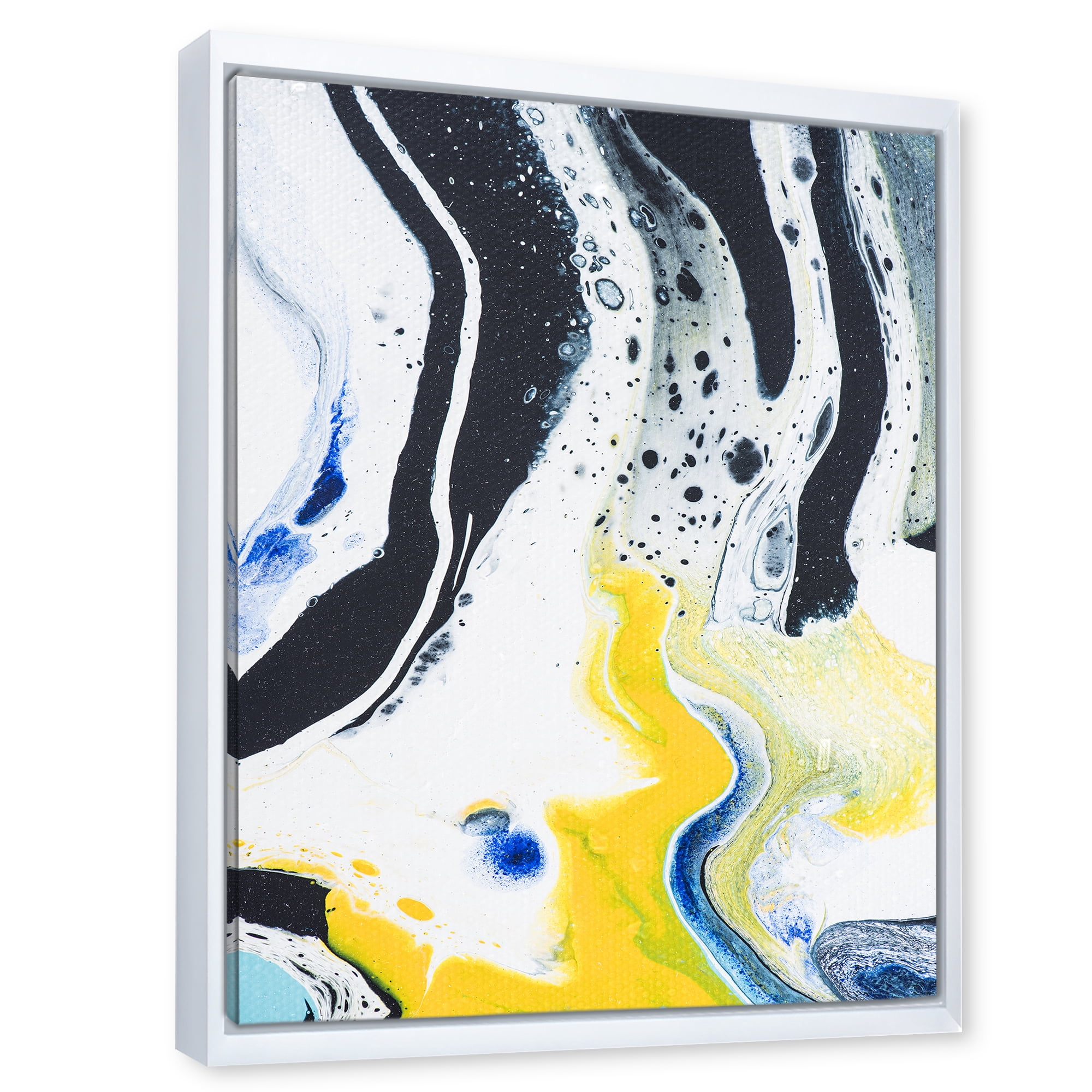 Designart 'Abstract Marble Composition In Blue and Yellow IV' Modern Framed Canvas Wall Art Print
