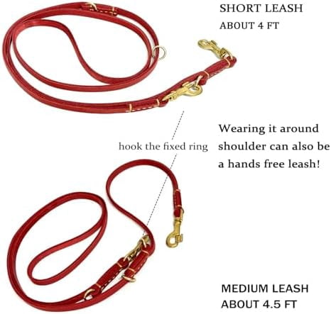 Multi Function 8ft Genuine Leather Hands Free Dog Training Leash for Puppy Small and Medium Dogs (8 Foot*3/8 inch, Red)