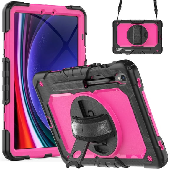 Decase Tablet Shell for Samsung Galaxy Tab S9 11 Inch 2023 Model (SM-X710/X716B/X718) ,With Shoulder Strap & Multi-Viewing Handle Stand Shockproof Cover,Black Rose