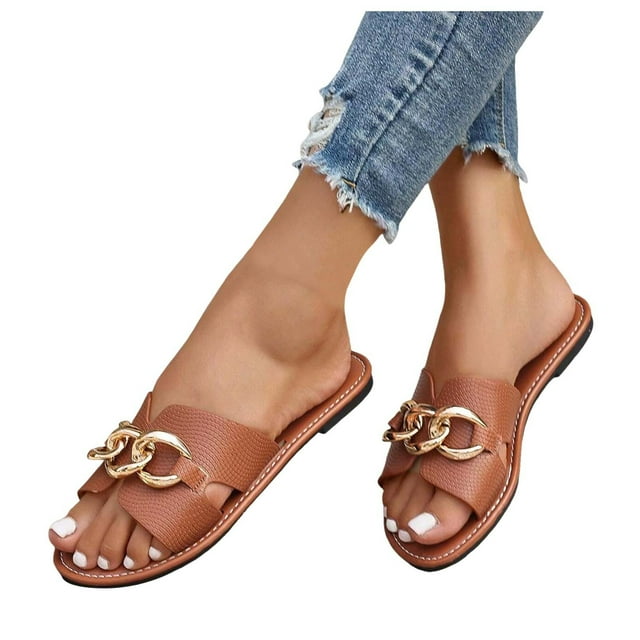 Sandales Pantoufles Habillées pour Femmes Dames 2025 Mode Boucle Cuir Bout Ouvert Robe Plates à Enfiler Chaussures d'Été