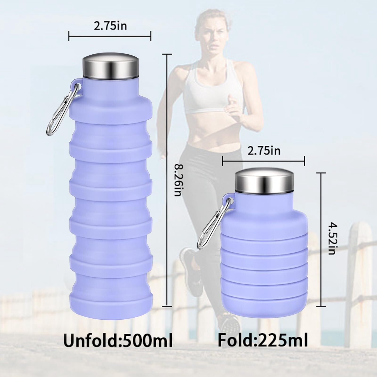 Collapsible Water Bottle,4 Pcs BPA Free Reuseable Silicone Foldable Leakproof 16oz Water Bottles,Portable Lightweight Water Bottles with Carabiner for Travel Gym Camping,Hiking Outdoor Indoor Sports