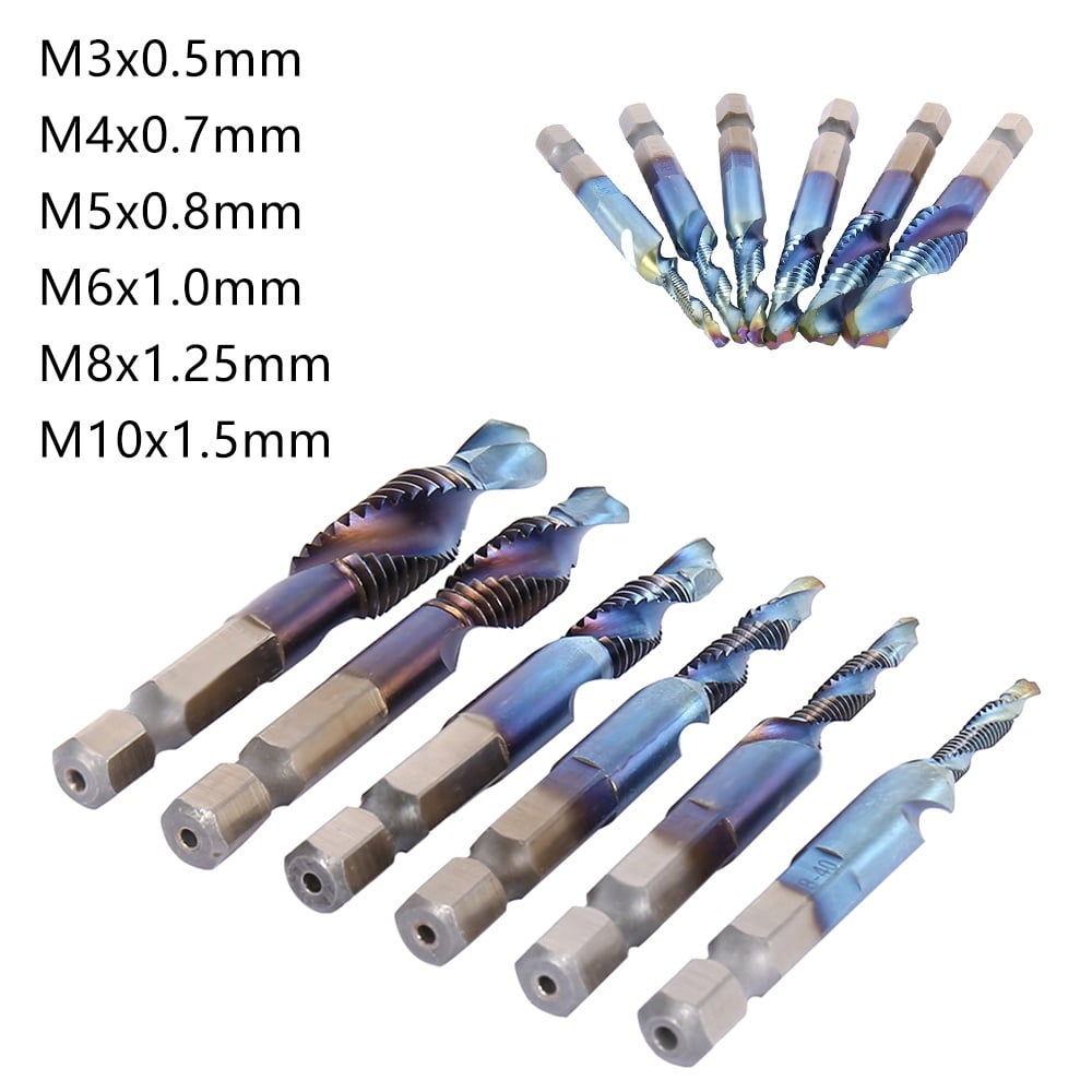 Roadiress Metric Thread M3-M10 Titanium Coated HSS Drill and Tap Bits 1//4 Hex Shank 6pcs