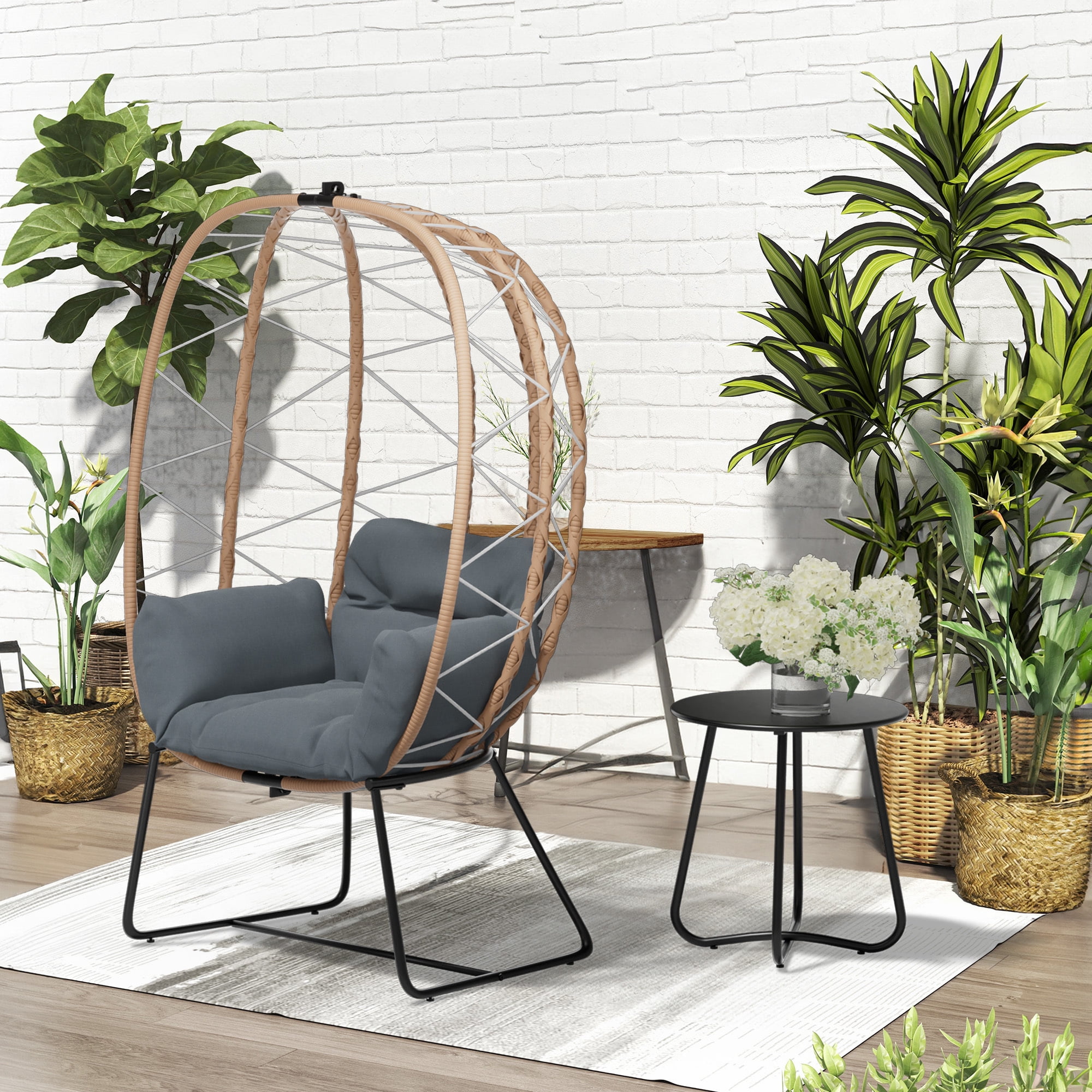 JUSTLET Wicker Egg Chair with Side Table, Oversized Outdoor Indoor