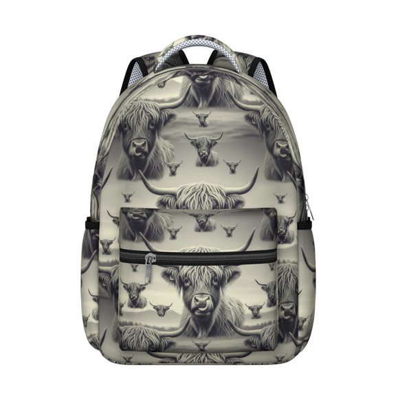 Highland Cow and Calf Print Backpack for School, Cute School Bag with Adjustable Shoulder Straps and Padded Back, 15.3"x11"x7.1"