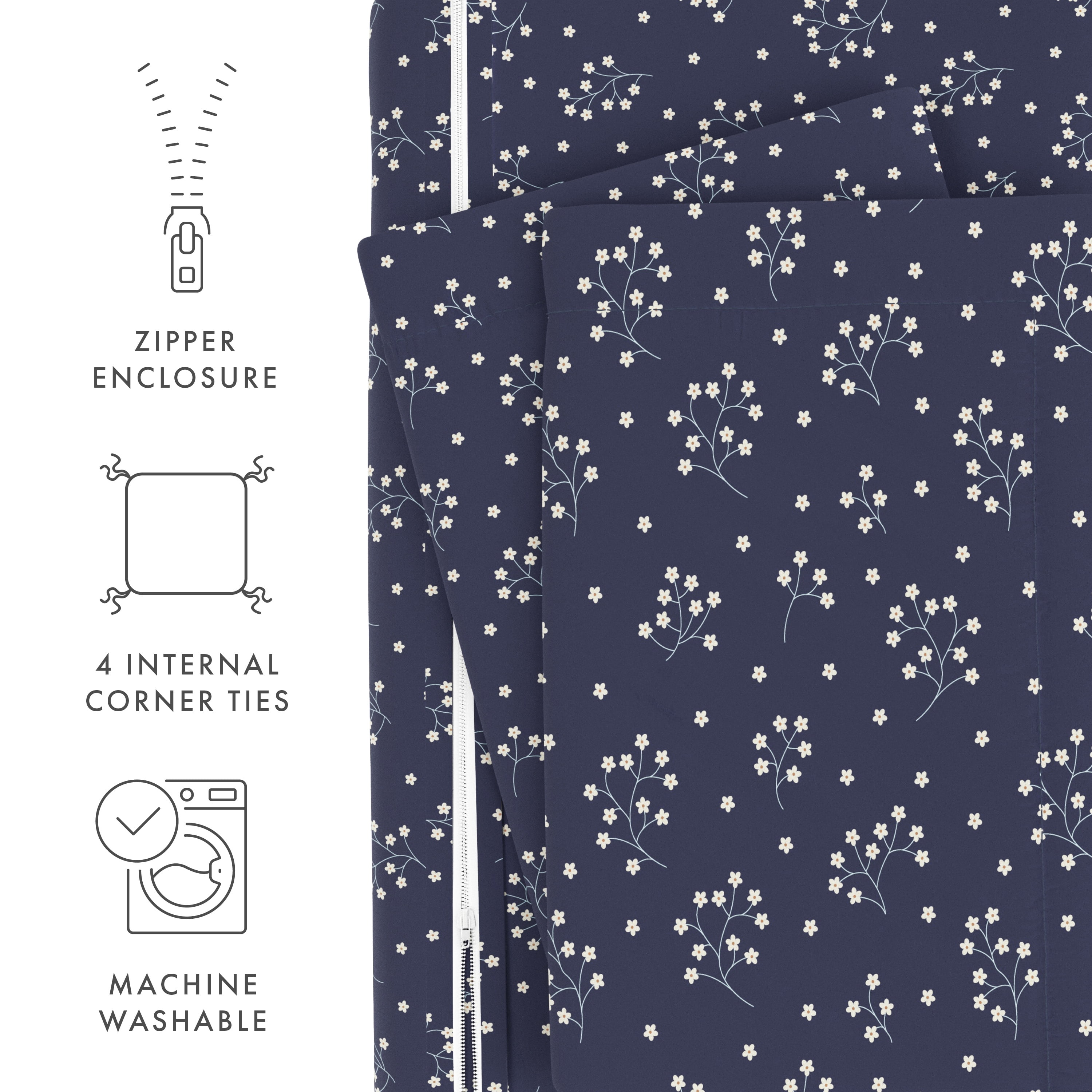 Noble Linens Navy Midnight Blossoms Pattern 2-Piece Duvet Cover Set, Twin/TwinXL