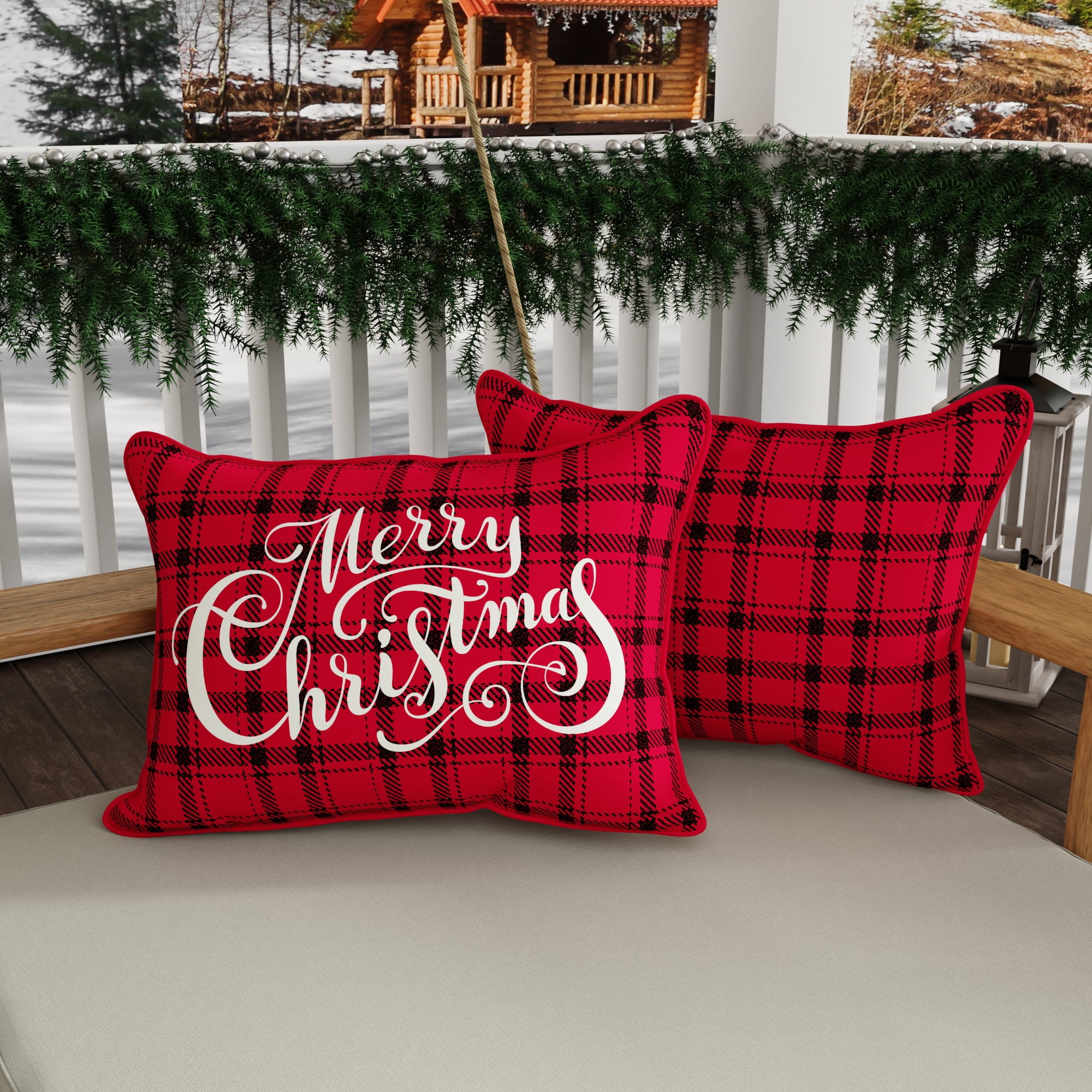 Jordan Manufacturing 12" x 16" Merry Christmas Red Novelty and Plaid Reversible Rectangular Outdoor Lumbar Throw Pillow with Welt (2 Pack)