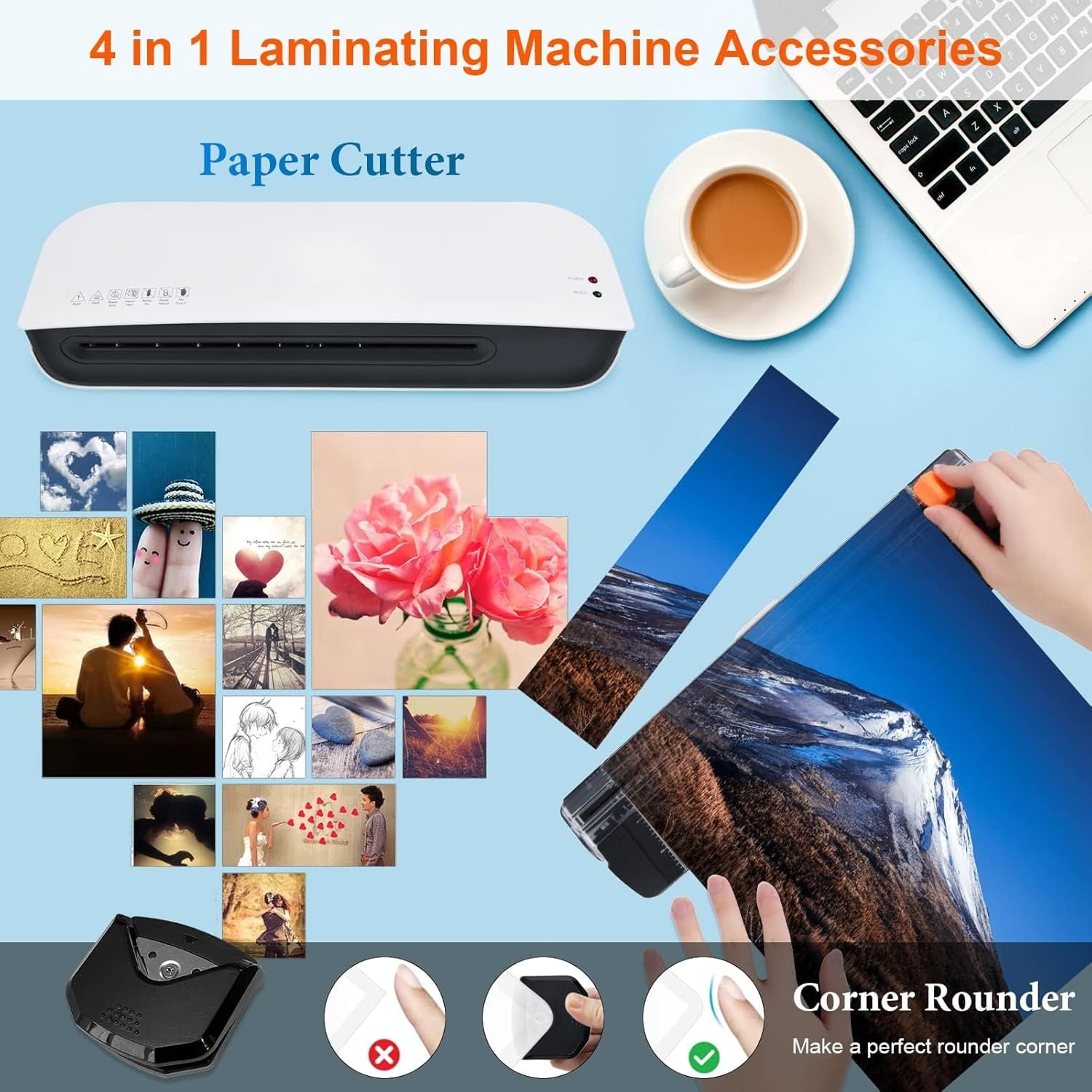 Laminater Machine, 9 Inch Thermal Laminater Machine, 4 in 1 Personal Desktop Cold Laminator with Paper Cutter, Corner Rounder and 15 pcs Laminating Pouches, for Office School, Business, Home Use