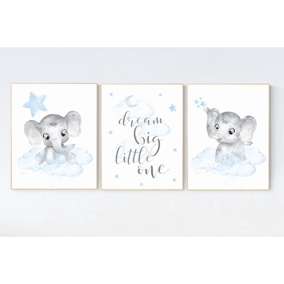 UNFFRAMED Luvia Set of 3 Elephant Nursery Poster, Blue Gray Baby Room Decor for Boys, Cloud and Stars Theme, Modern Nursery Prints Set 3 Prints 8x12