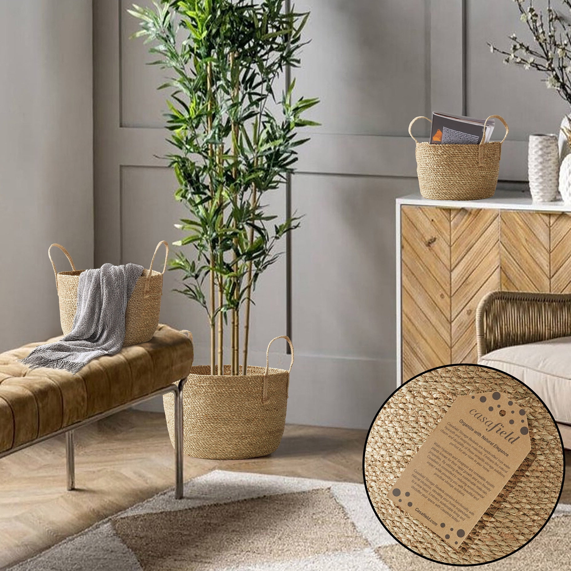 Casafield (Set of 3) Braided Seagrass Basket Planters, Natural Woven Storage Bins for Boho Home Decor, Indoor Plant Pot Covers