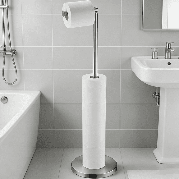 Bathroom Toilet Paper Holder Stand with Reserve, Stainless Steel Rustproof Pedestal Tissue Roll Holder, Brushed Nickel