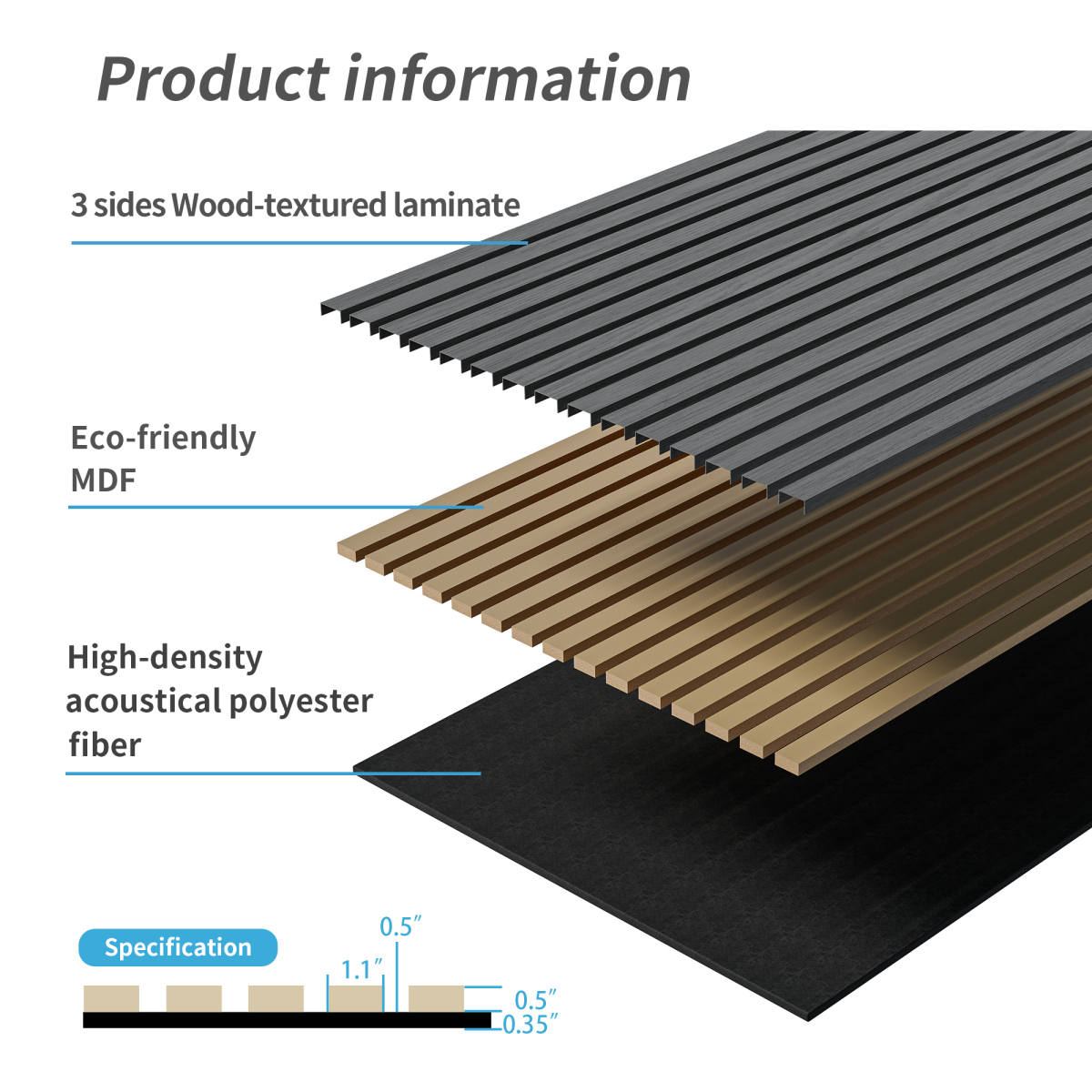 2PC 45.27''X23.62'' 3D Fluted Wood Slat Acoustic Panels Sound Absorbing Wall Ceiling Panels Three Sides Fully Wrapped Wood Finish