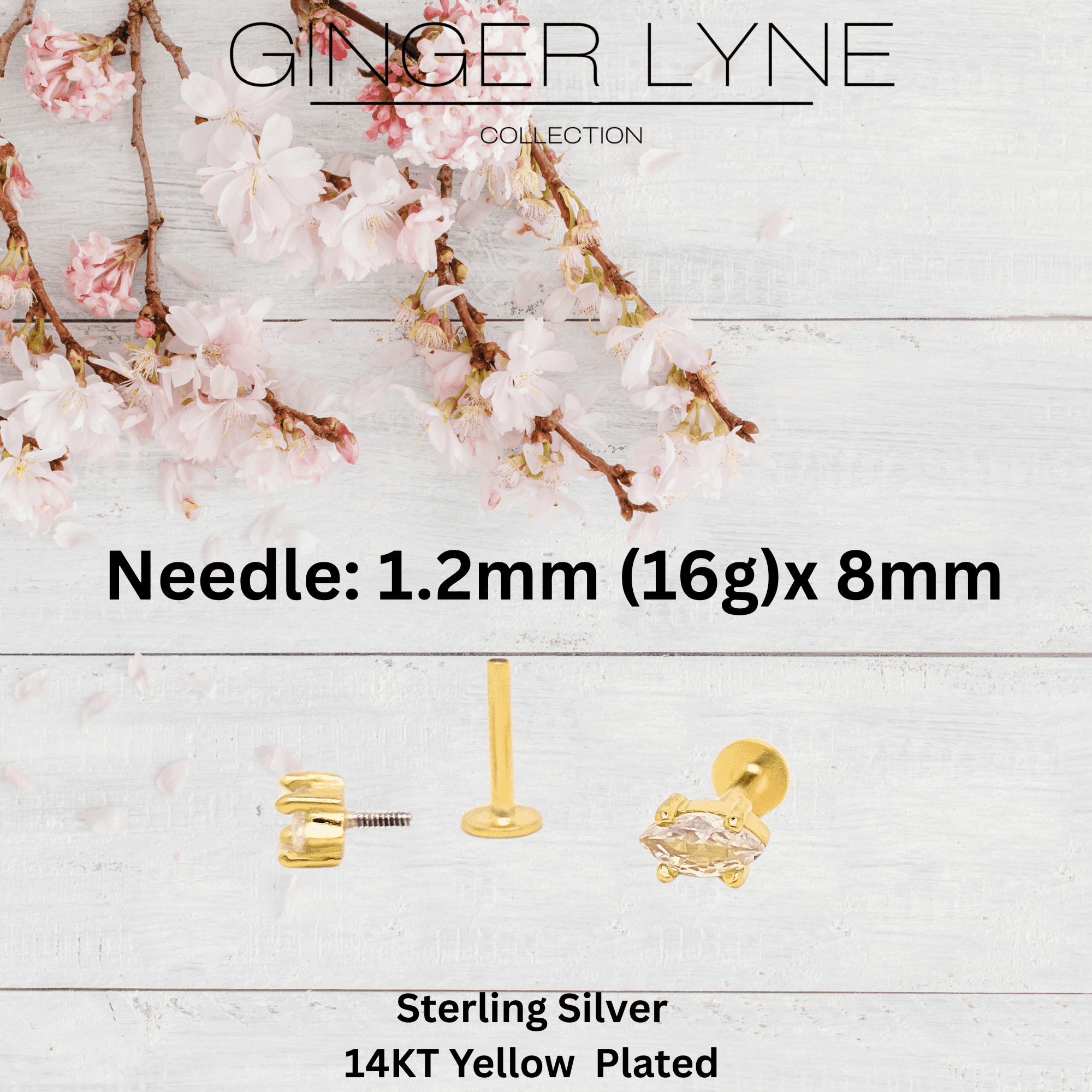 Marquise CZ Flat Back Earrings for Cartilage Helix Tragus Lobe 14Kt Gold Plated Sterling Silver 1 pair by Ginger Lyne