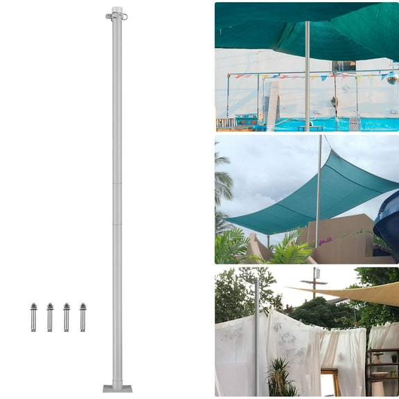 8ft Shade Sail Pole, Silver - Heavy Duty Canopy Support Post with D-Ring Clamp, Steel Sun Shade Pole for Patio, Garden, Backyard