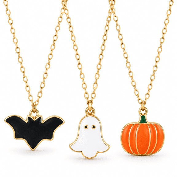 Halloween Pendant Necklace Set, 3 pcs Bat Ghost Pumpkin Charms on Gold-Tone Metal Chains for Costume Parties